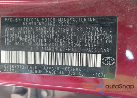 2022 Toyota Camry Le from USA, damaged, VIN 4T1C11AKXNU628613